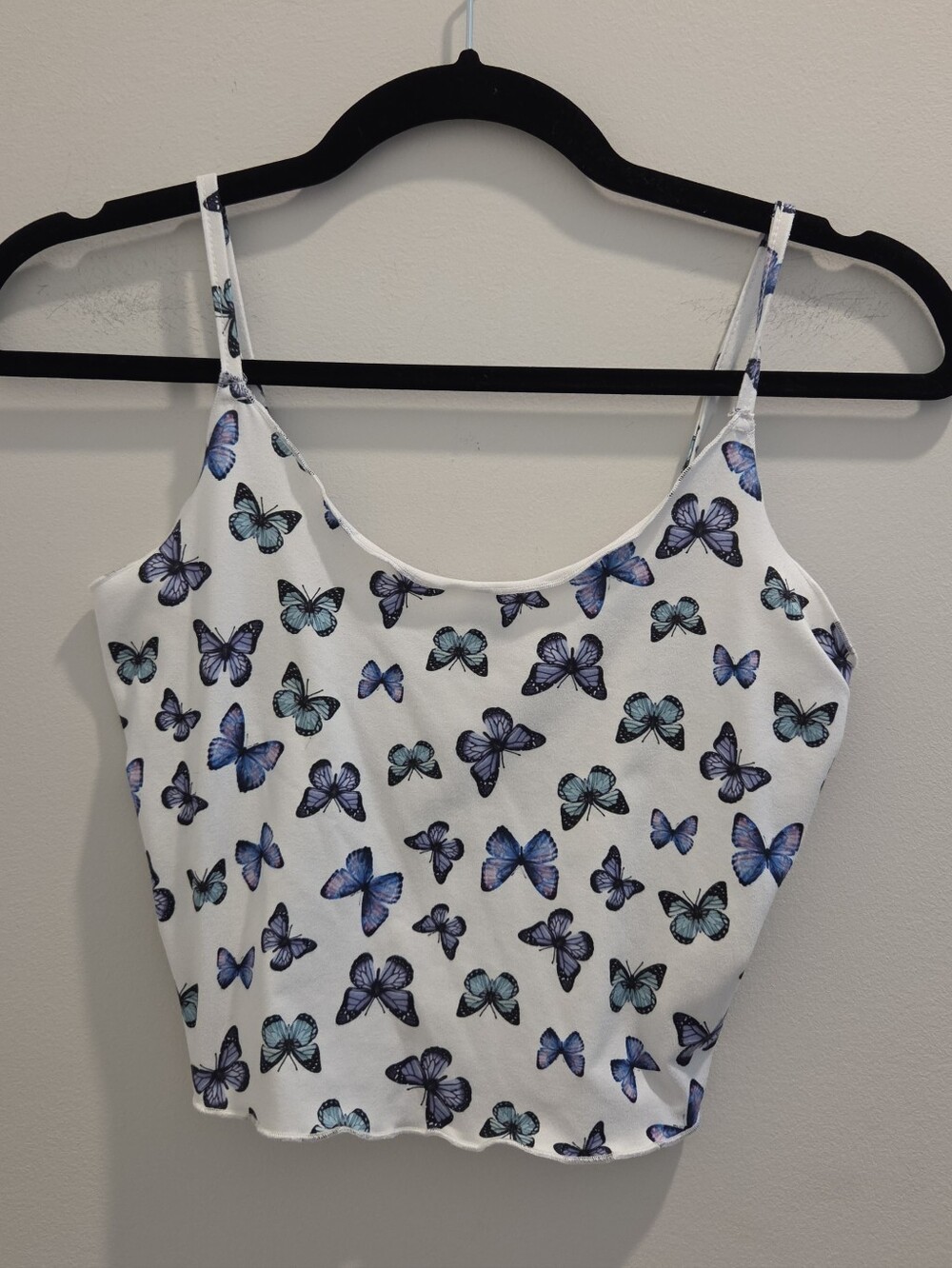 White Butterfly Cami Crop Top Blue Purple Y2K Fairycore Spaghetti Strap
